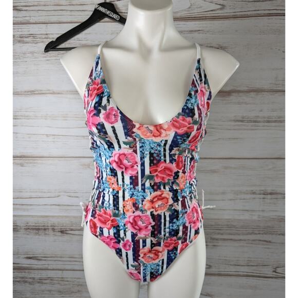 SheIn Floral Stripe Side Tie One Piece Swimsuit sz Medium - Picture 1 of 4